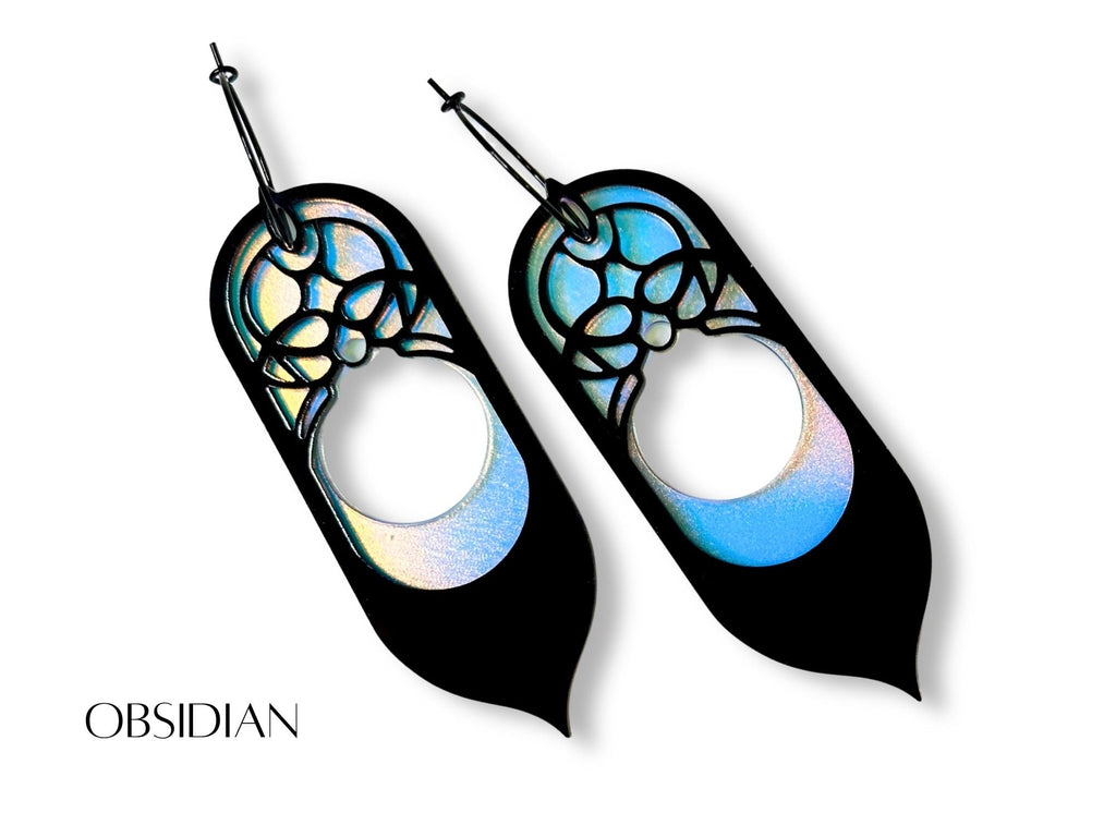 Black and blue iridescent Obsidian Galadriel statement earrings on white background