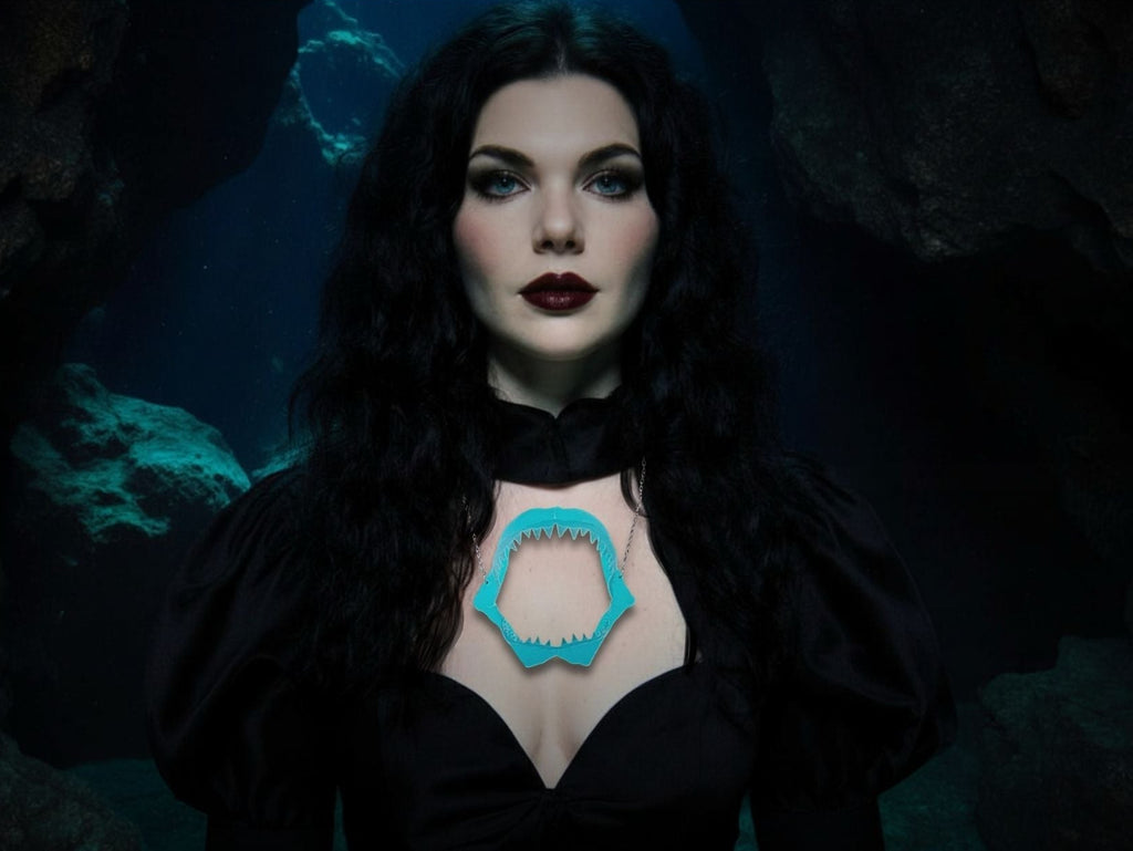 shark jaw statement necklace size reference showing large scale acrylic pendant