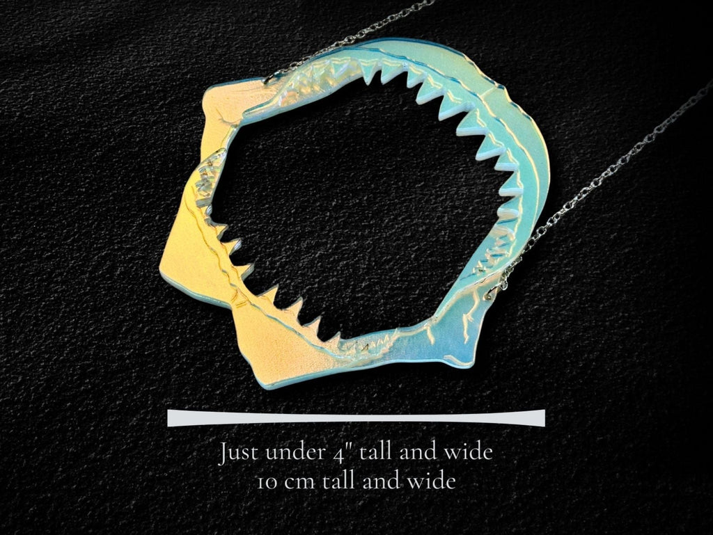 shark jaw statement necklace size reference showing large scale acrylic pendant