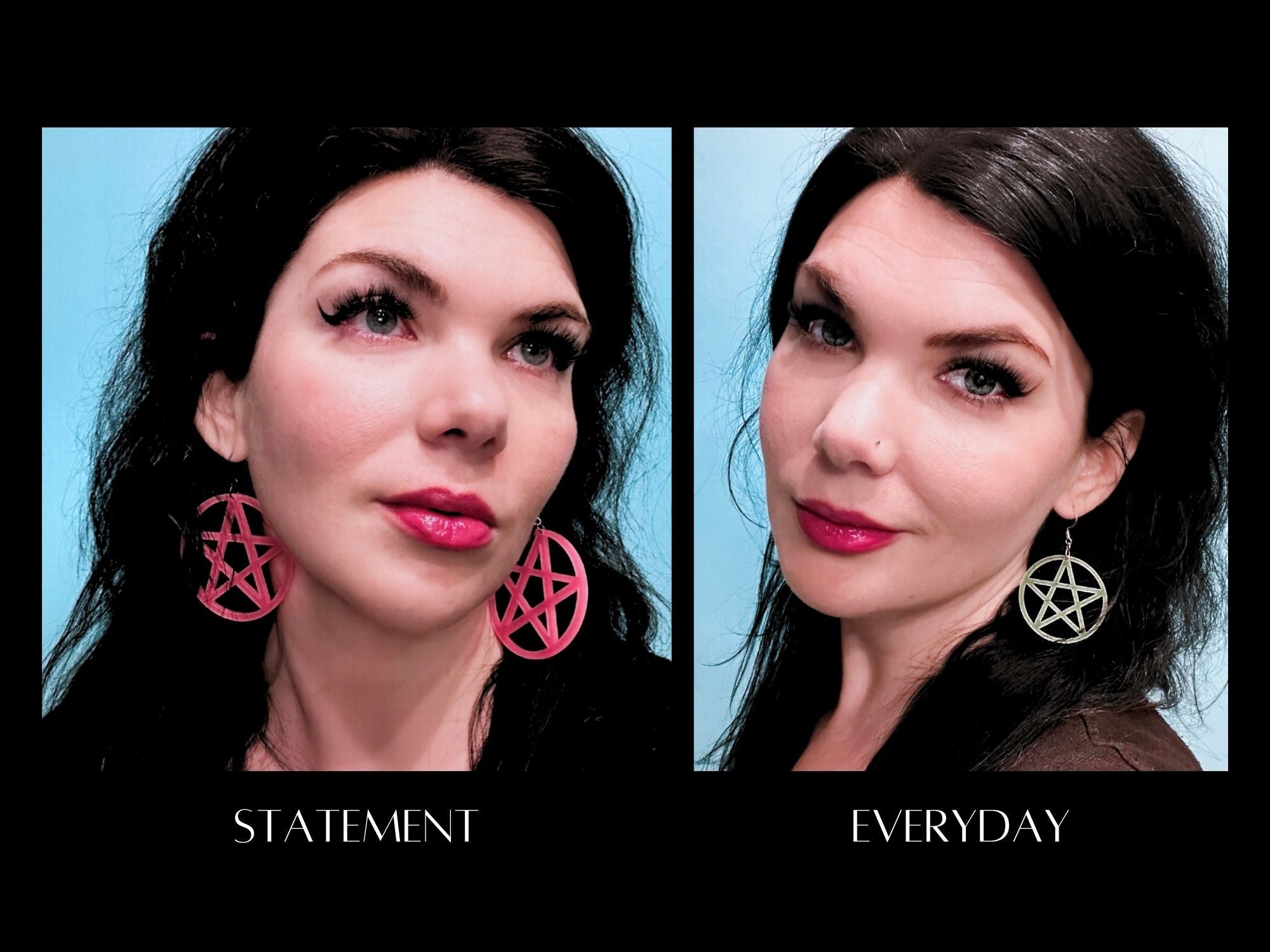 Model comparison showing statement and everyday sizes of pentagram earrings
