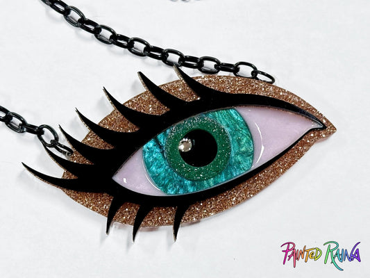 Green Goddess Eye Necklace - Emerald and Gold - Painted Raina