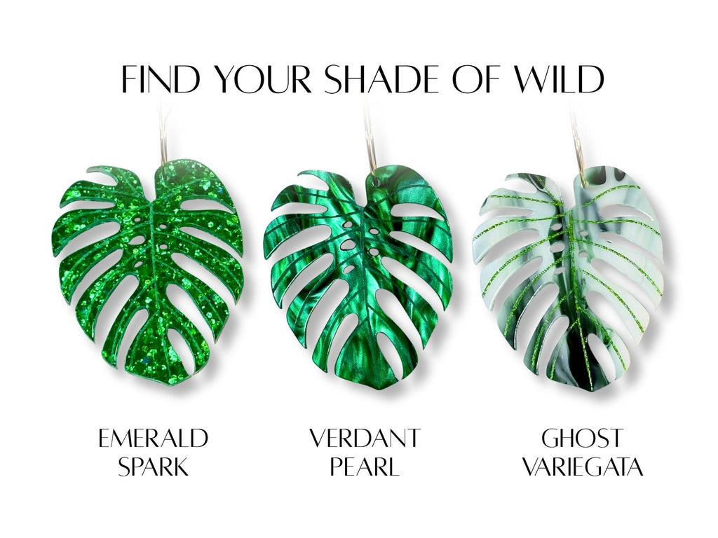 Three monstera leaf earring color options: Emerald Spark glitter, Verdant Pearl pearlescent green, and Ghost Variegata marble green and white.