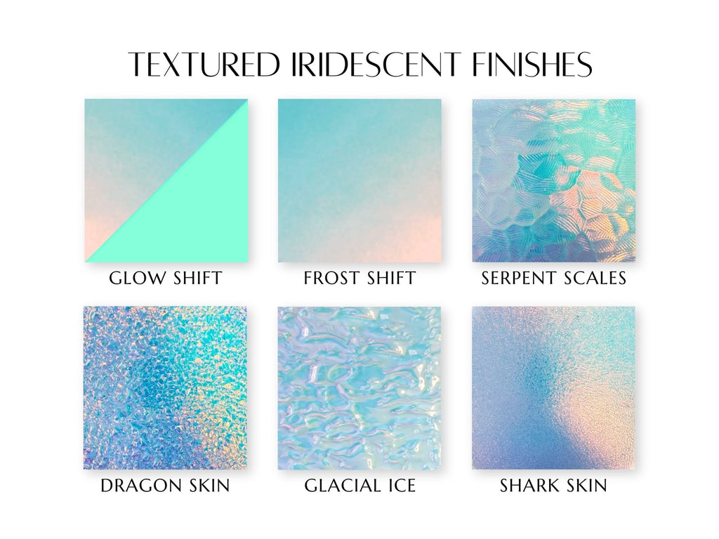 A product showcase graphic titled 'TEXTURED IRIDESCENT FINISHES' on a white background, displaying six square swatches with iridescent, holographic textures labeled 'GLOW SHIFT', 'FROST SHIFT', 'SERPENT SCALES', 'DRAGON SKIN', 'GLACIAL ICE', and 'SHARK SKIN'.