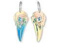Raven skull statement earrings in iridescent transparent acrylic with silver hoop ear wires on white background.