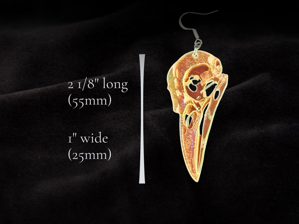 Raven skull earring size chart showing approximately 3.75 inch length and 1 inch width.