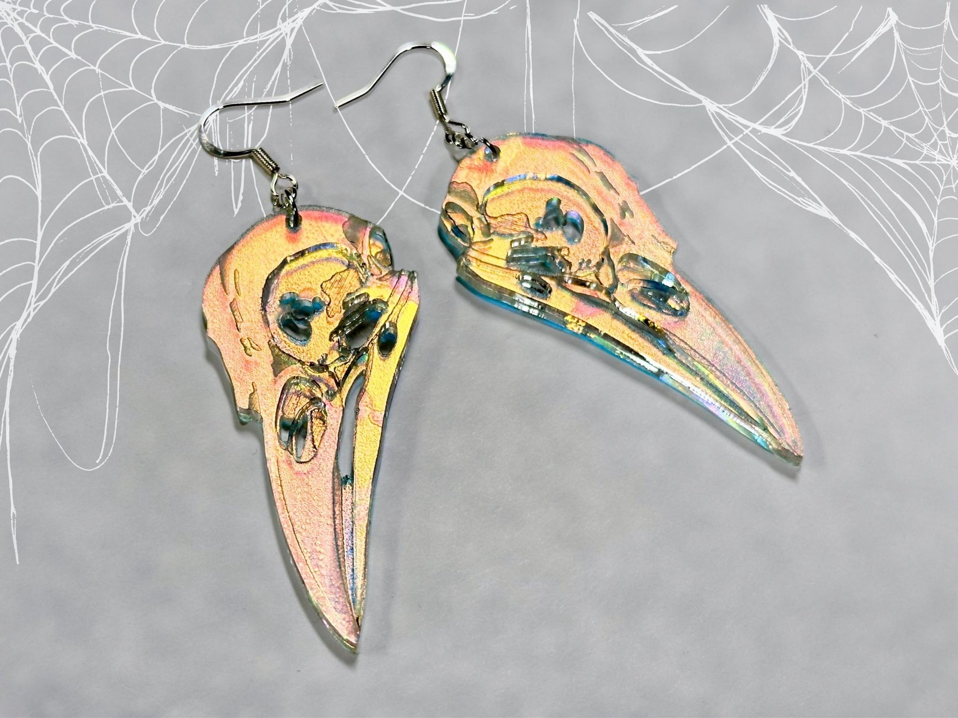 Iridescent Crow Skull Earrings - Painted Raina