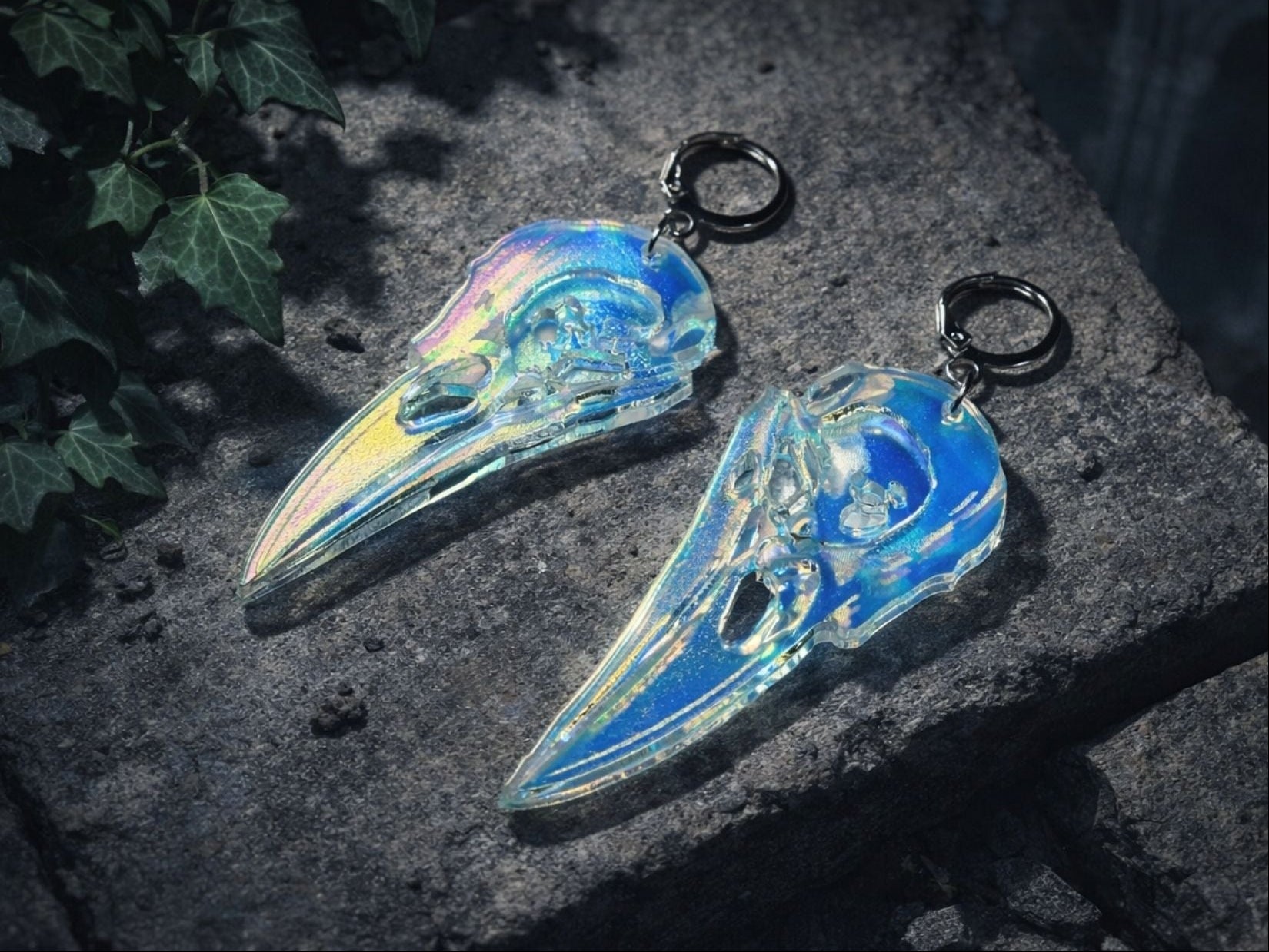 Iridescent Crow Skull Earrings - Painted Raina