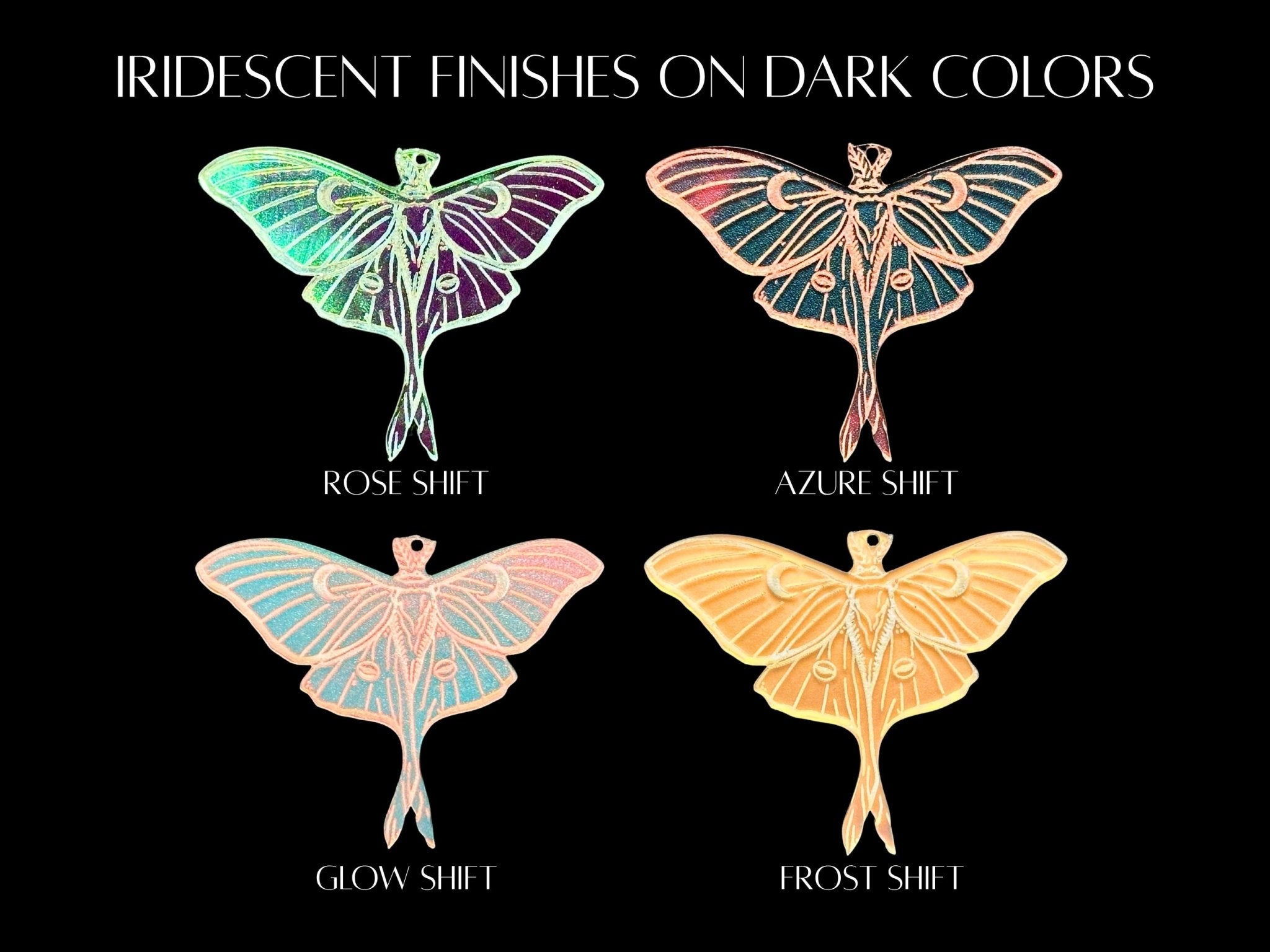 Color chart showing how the four available iridescent Luna moth earring finishes look over dark colors: Rosy Shift, Aqua Shift, Glow Shift, and Frost Shift.