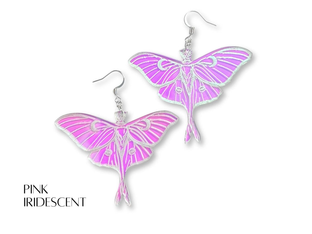 luna moth earrings color options iridescent pink blue and frosted acrylic statement jewelry