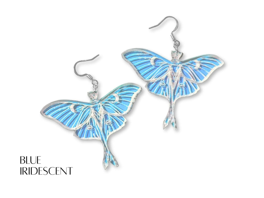 luna moth earrings color options iridescent pink blue and frosted acrylic statement jewelry