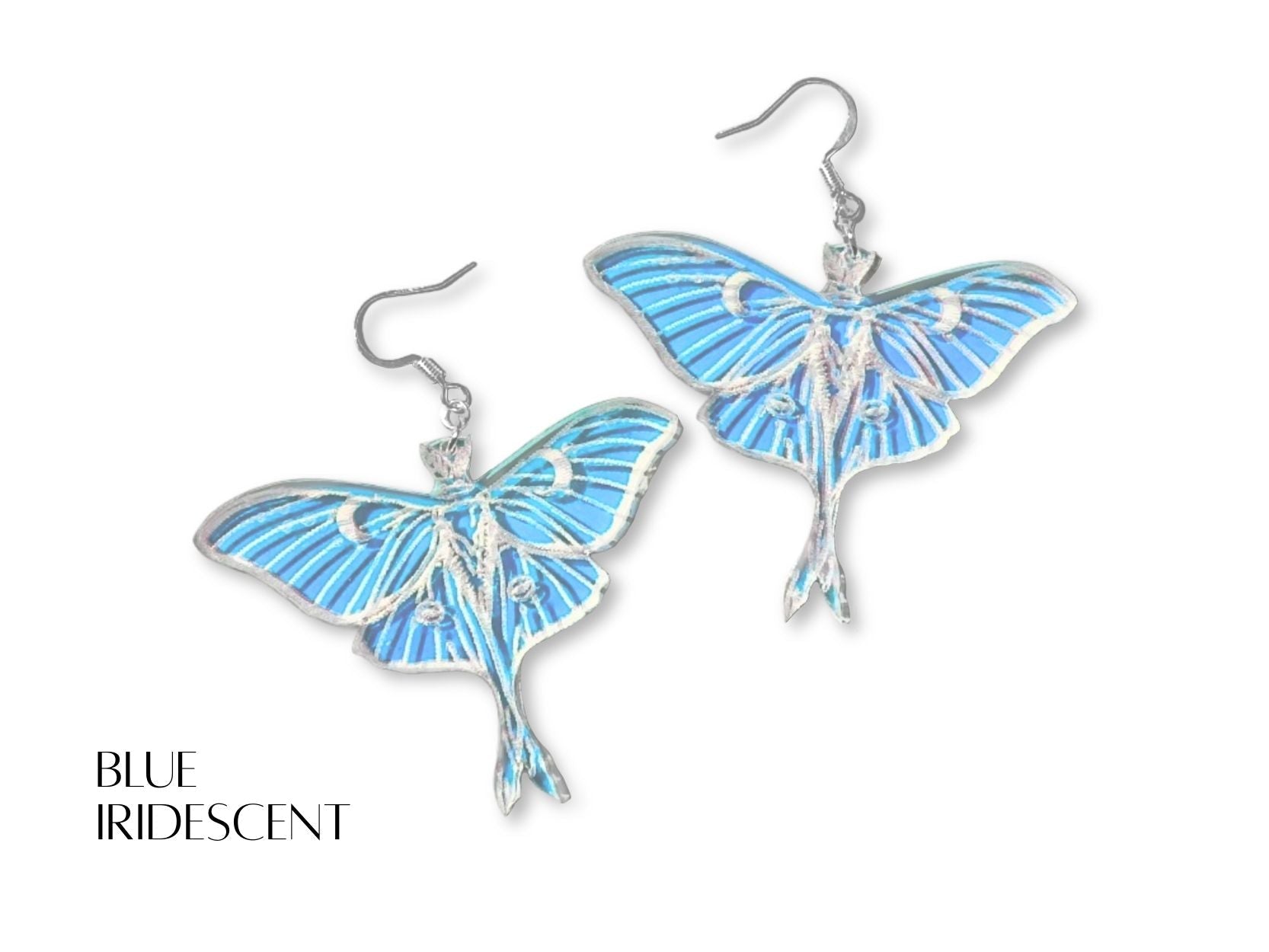 luna moth earrings color options iridescent pink blue and frosted acrylic statement jewelry