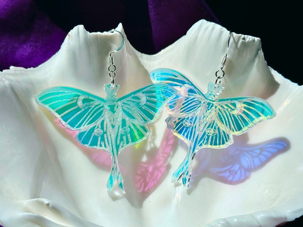 iridescent acrylic luna moth earrings color shifting wings statement jewelry bold design