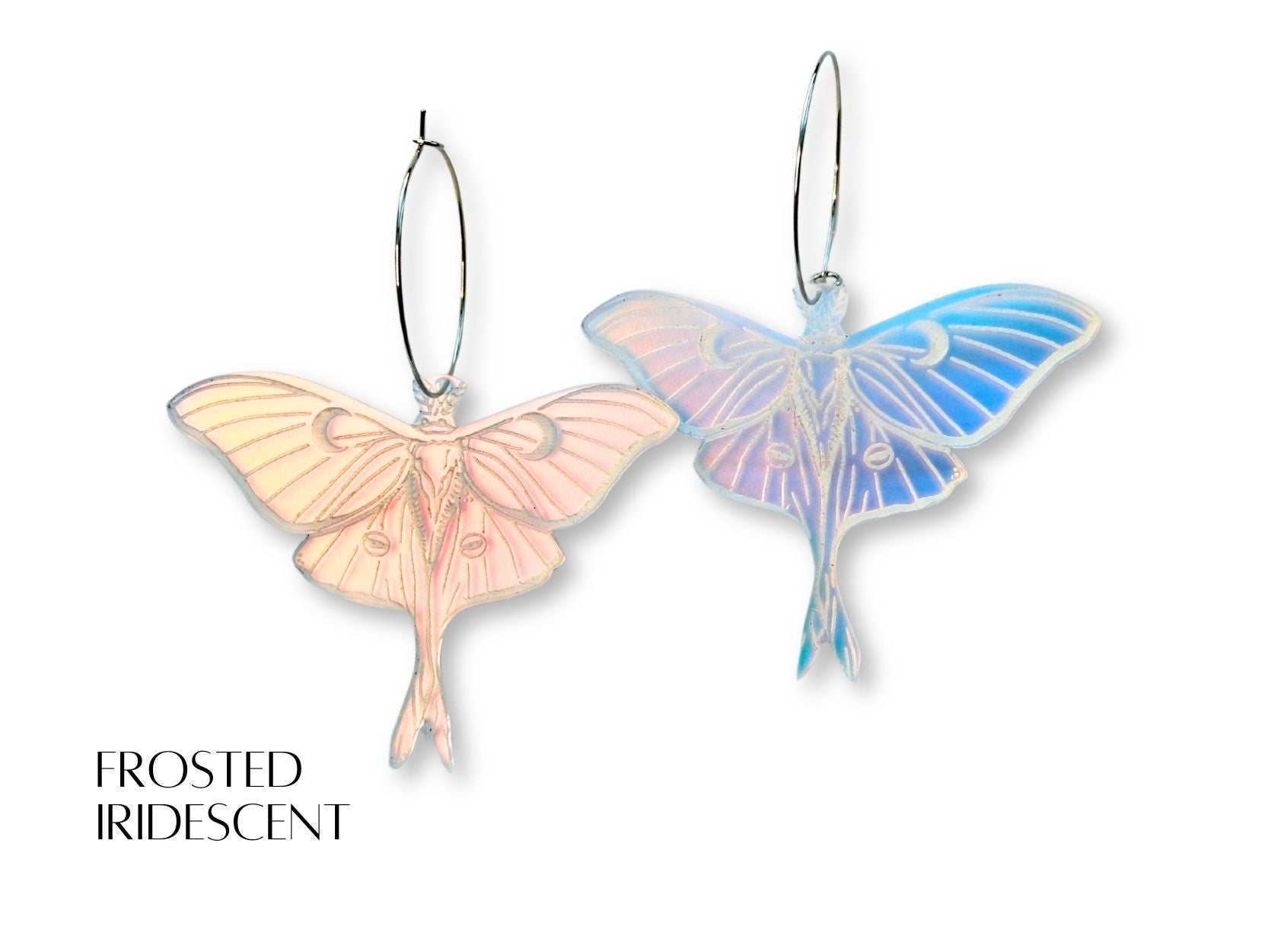 iridescent luna moth earrings in motion showing light shifting wings and bold statement scale