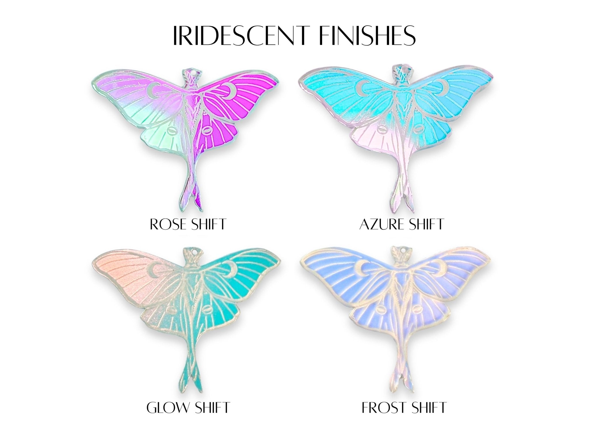 Color chart showing the four available iridescent Luna moth earring finishes: Rosy Shift, Aqua Shift, Glow Shift, and Frost Shift.
