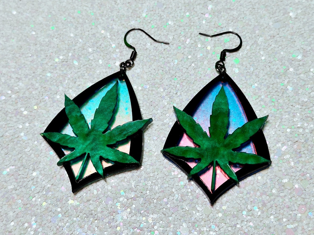 Iridescent Marijuana Leaf Earrings - Painted Raina