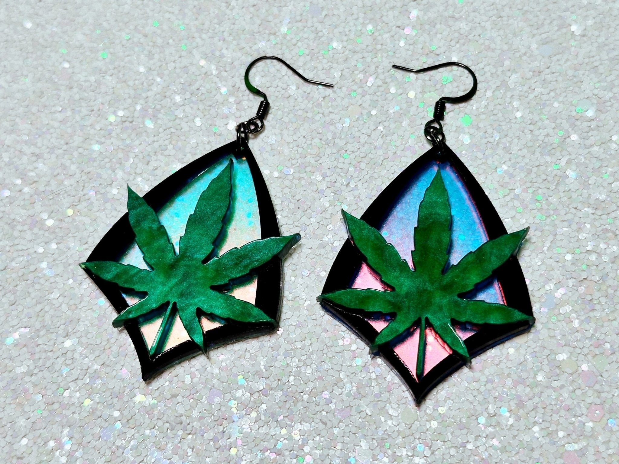 Iridescent Marijuana Leaf Earrings - Painted Raina
