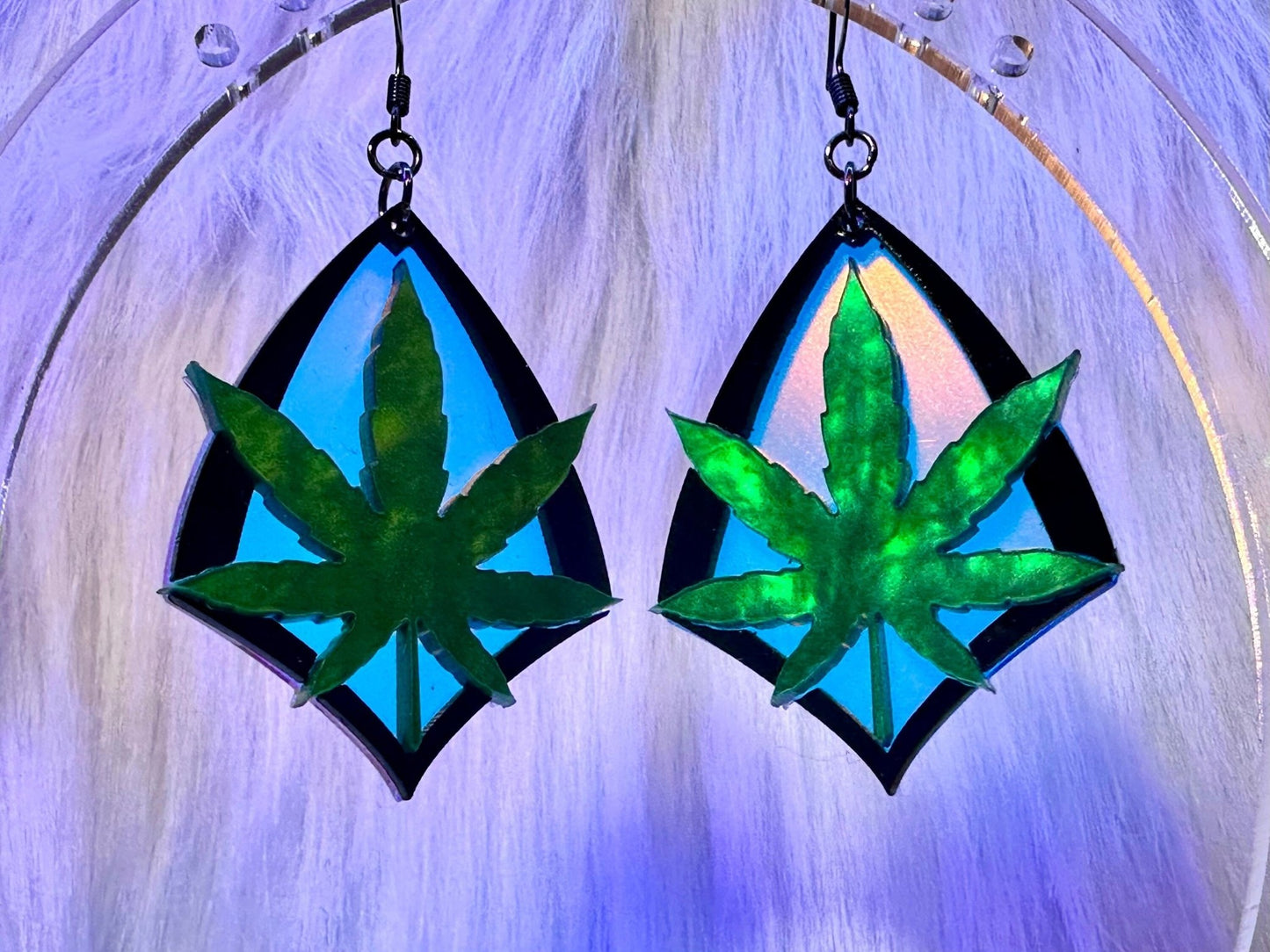 Iridescent Marijuana Leaf Earrings - Painted Raina