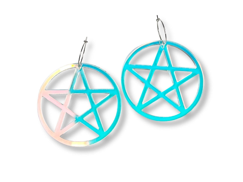 Iridescent acrylic pentagram hoop earrings on white background