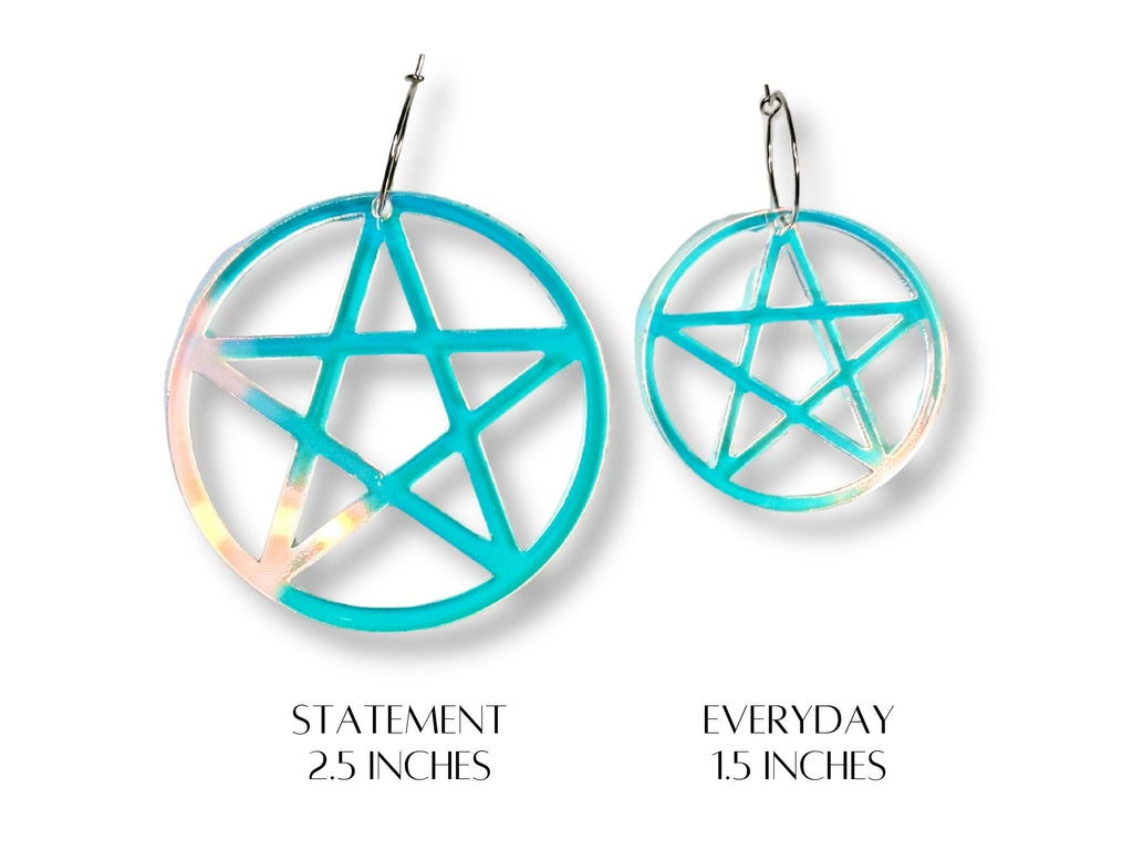 Size comparison chart of statement and everyday iridescent pentagram hoop earrings