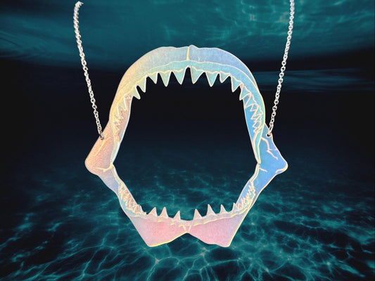 Layered Iridescent Shark Jaw Necklace | Sculptural Glow - in - the - Dark Art Jewelry - Painted Raina