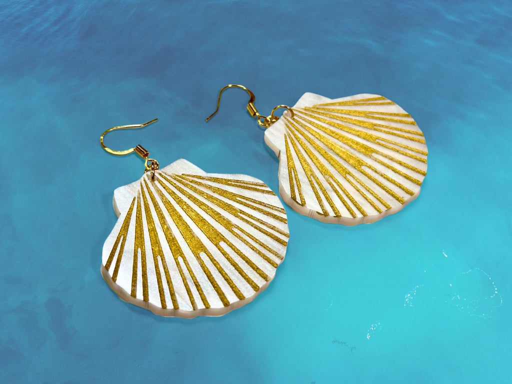 Lion's Paw Scallop Shell Earrings | White and Gold - Painted Raina