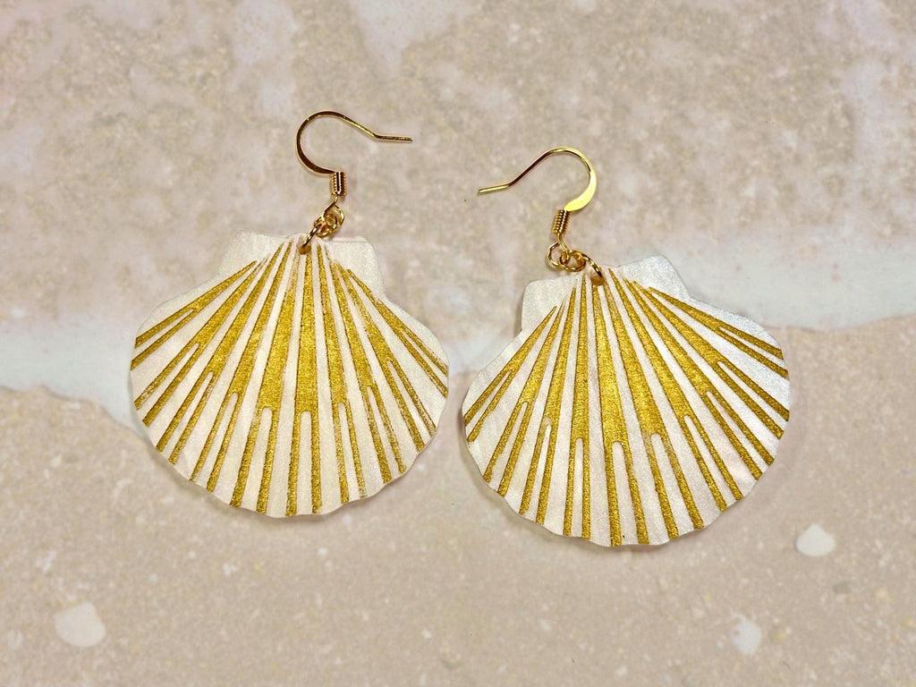 Lion's Paw Scallop Shell Earrings | White and Gold - Painted Raina
