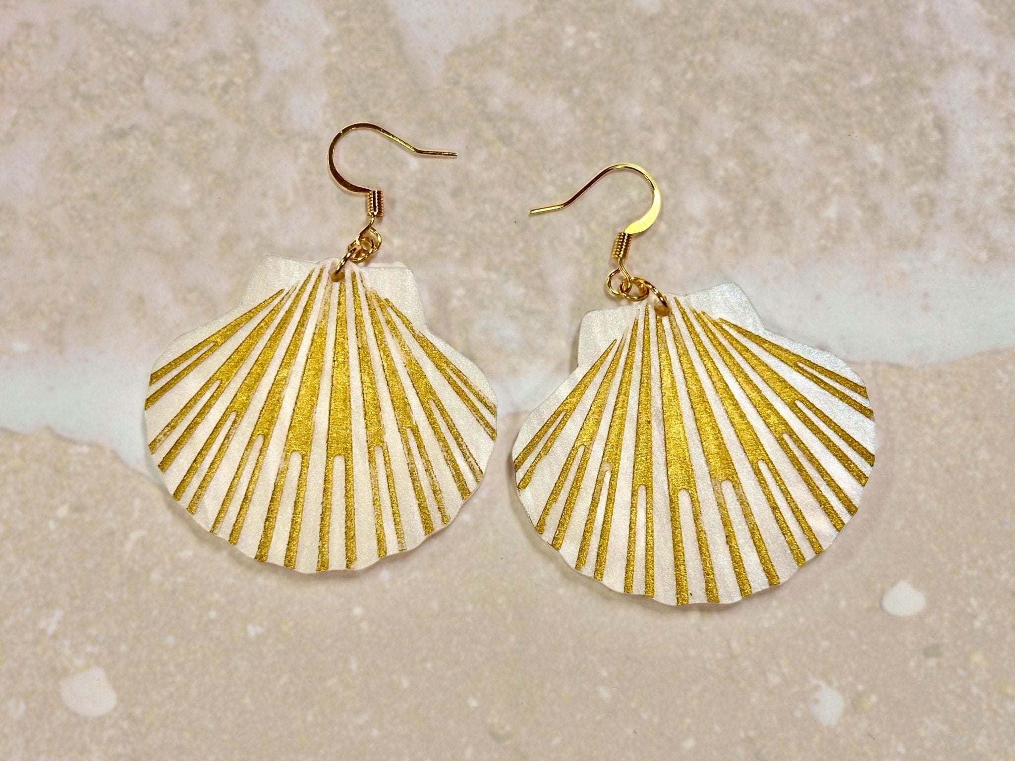 Lion's Paw Scallop Shell Earrings | White and Gold - Painted Raina