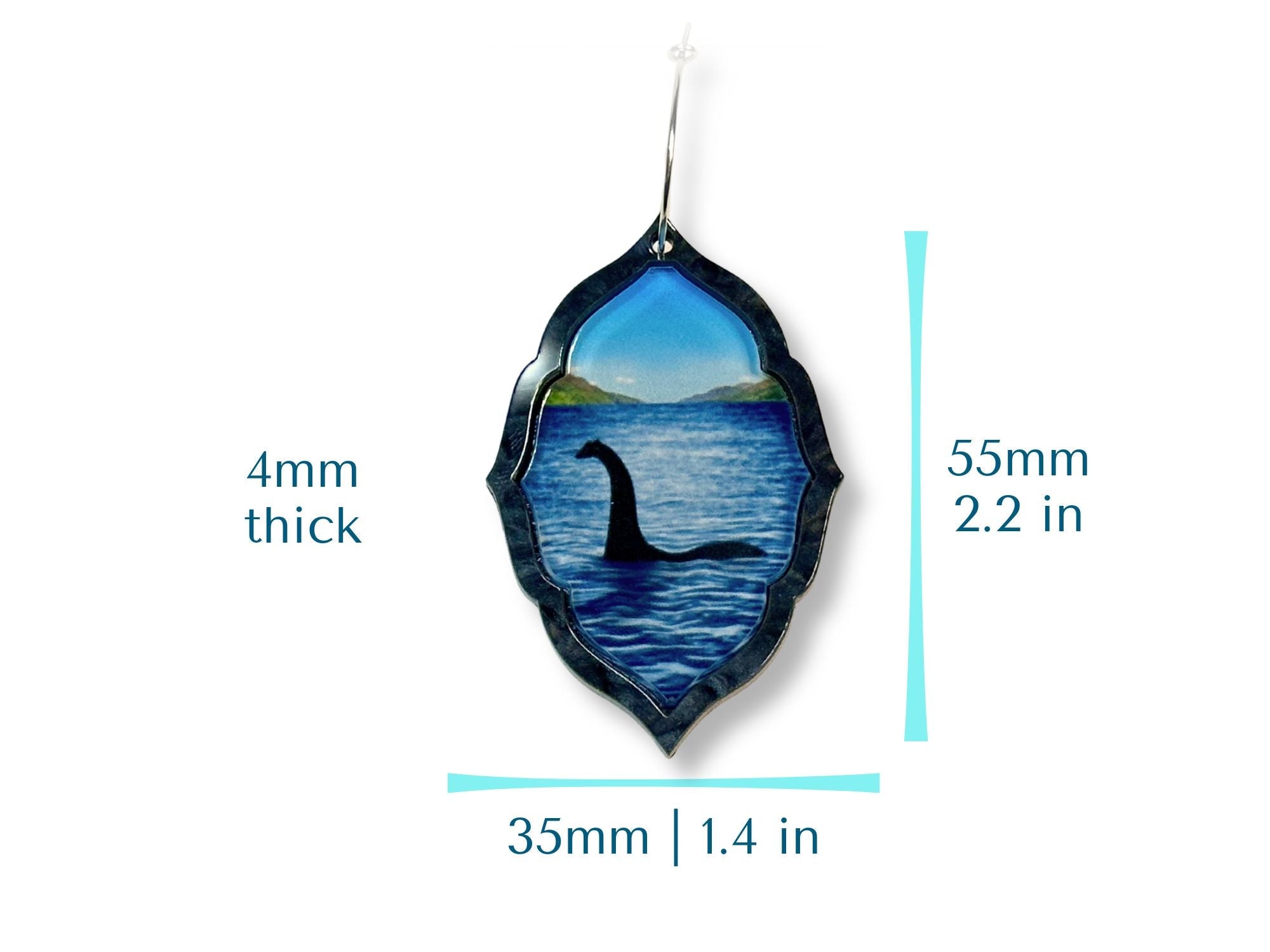Loch Ness monster earring size chart showing 55mm height, 35mm width, and 4mm thickness.