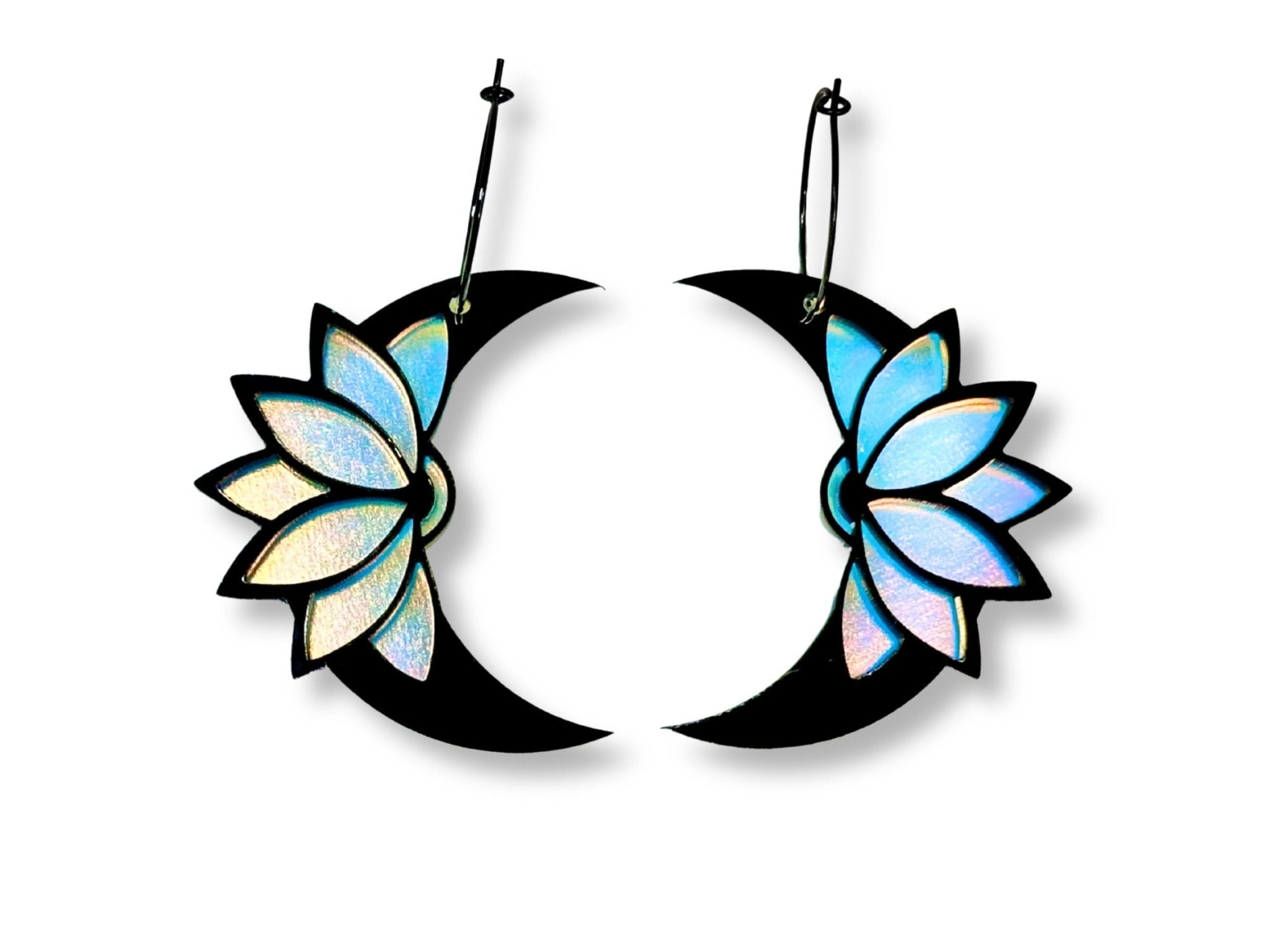 Obsidian Art Deco lotus moon earrings with blue iridescent petals on white background