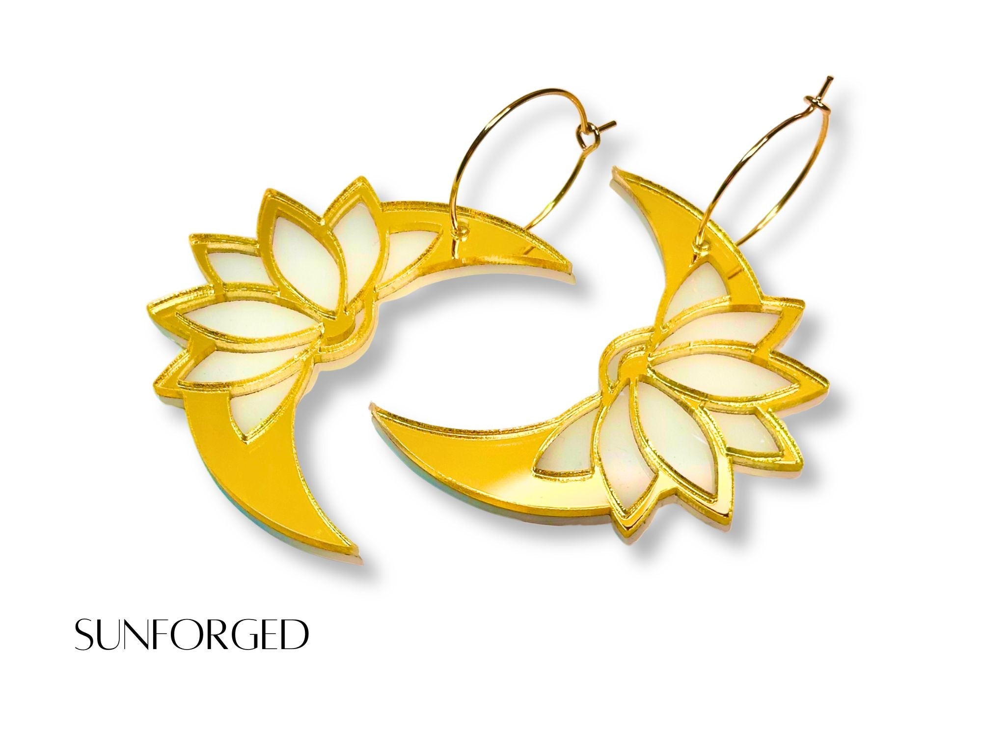 Sunforged lotus moon earrings with gold crescent moons on white background