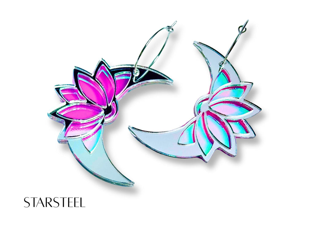 Starsteel lotus moon earrings with iridescent pink lotus petals on white background