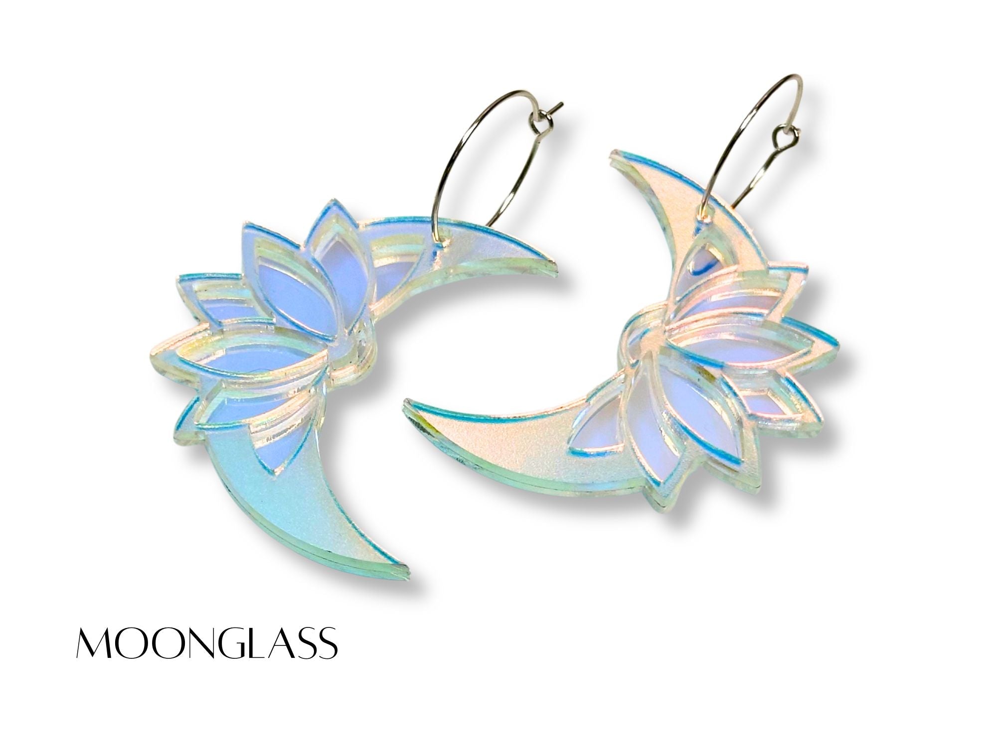 Moonglass lotus moon earrings with opalescent lotus petals on white background