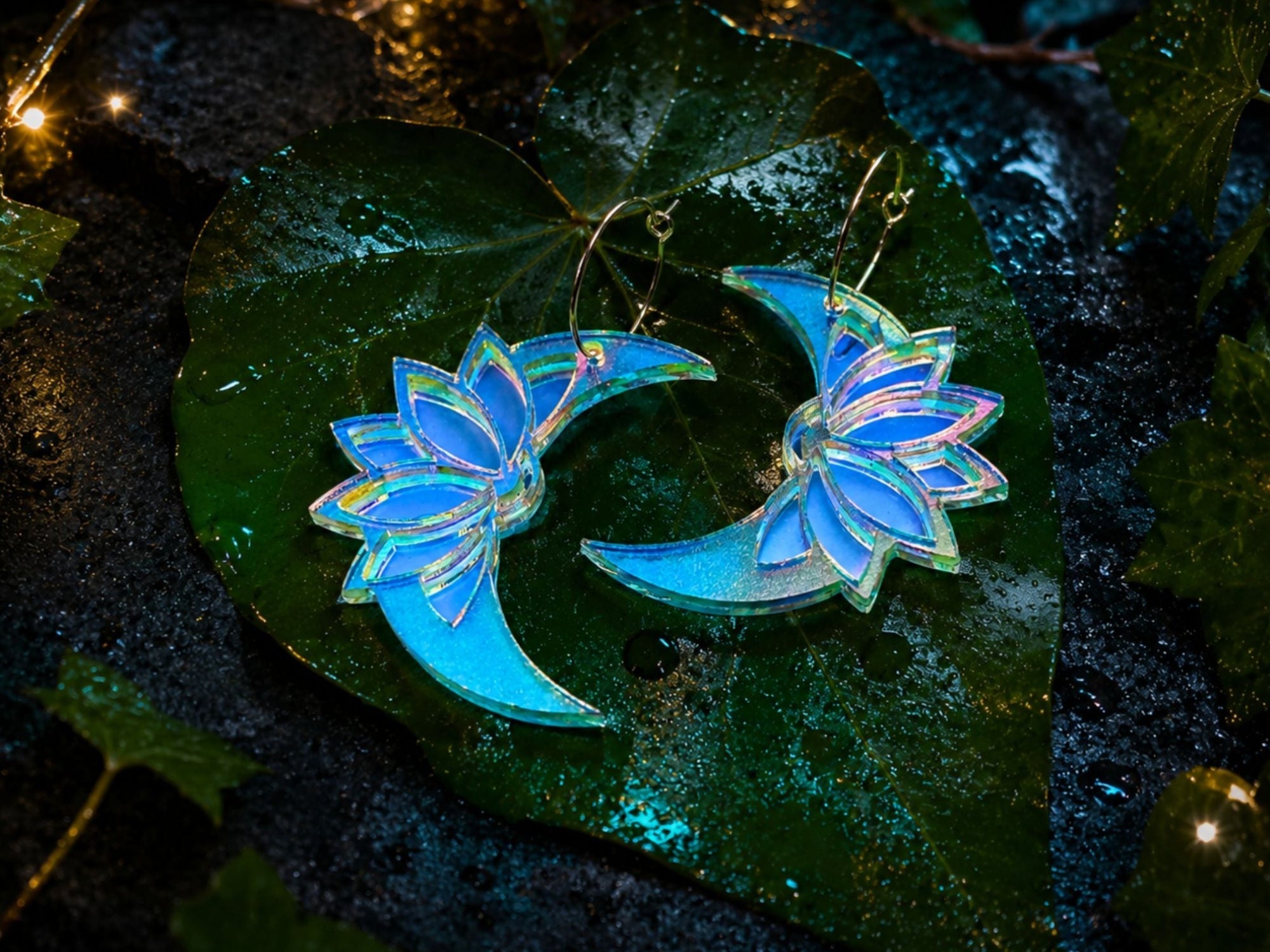 Blue lotus moon earrings resting on a lily pad in a fantasy-inspired setting
