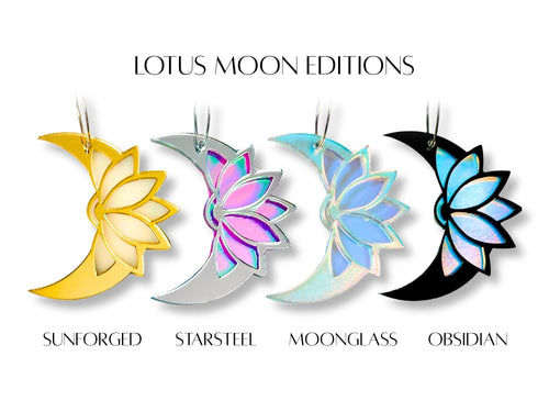 lotus moon earrings shown in Sunforged, Starsteel, Moonglass and Obsidian colorways