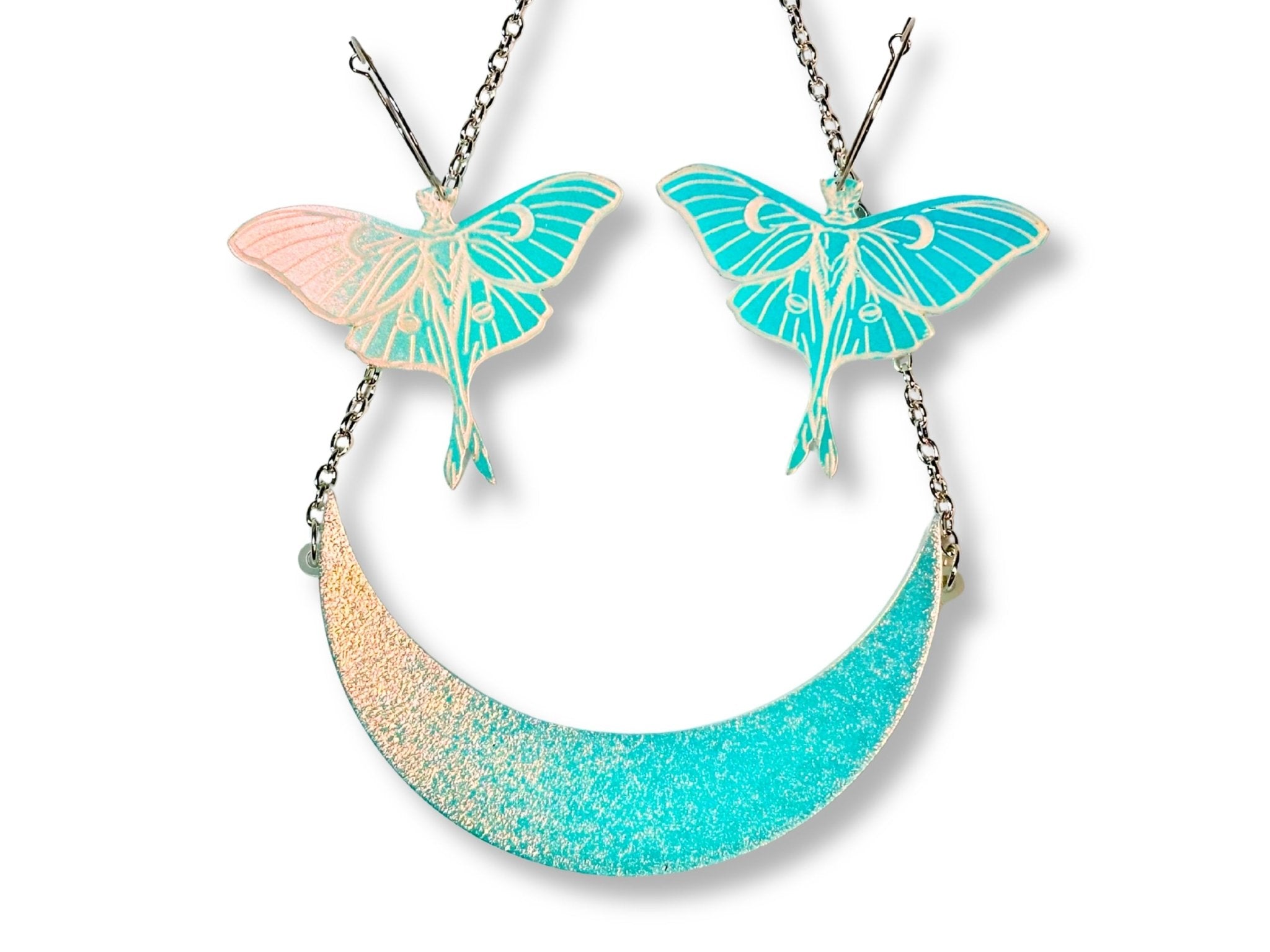 Luna Moth Moonlight Set with iridescent crescent moon necklace and luna moth earrings