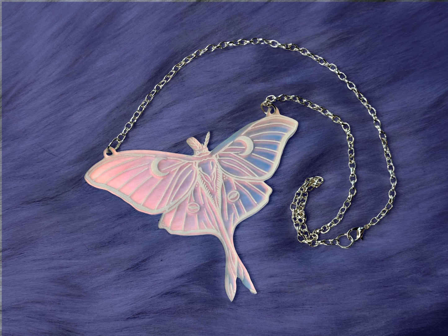 Luna Moth Necklace | Iridescent Acrylic Statement Bib Necklace With Celestial Glow - Painted Raina