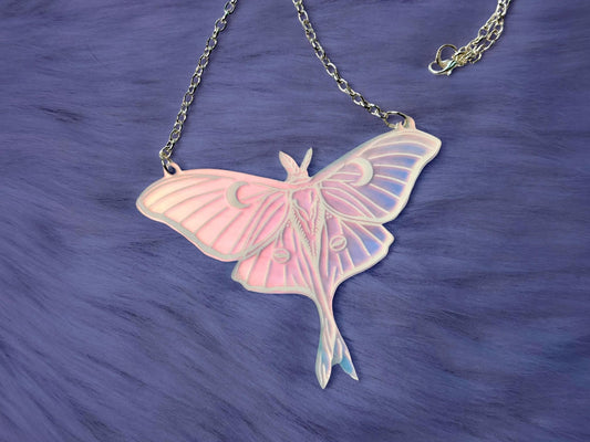 Luna Moth Necklace | Iridescent Acrylic Statement Bib Necklace With Celestial Glow - Painted Raina