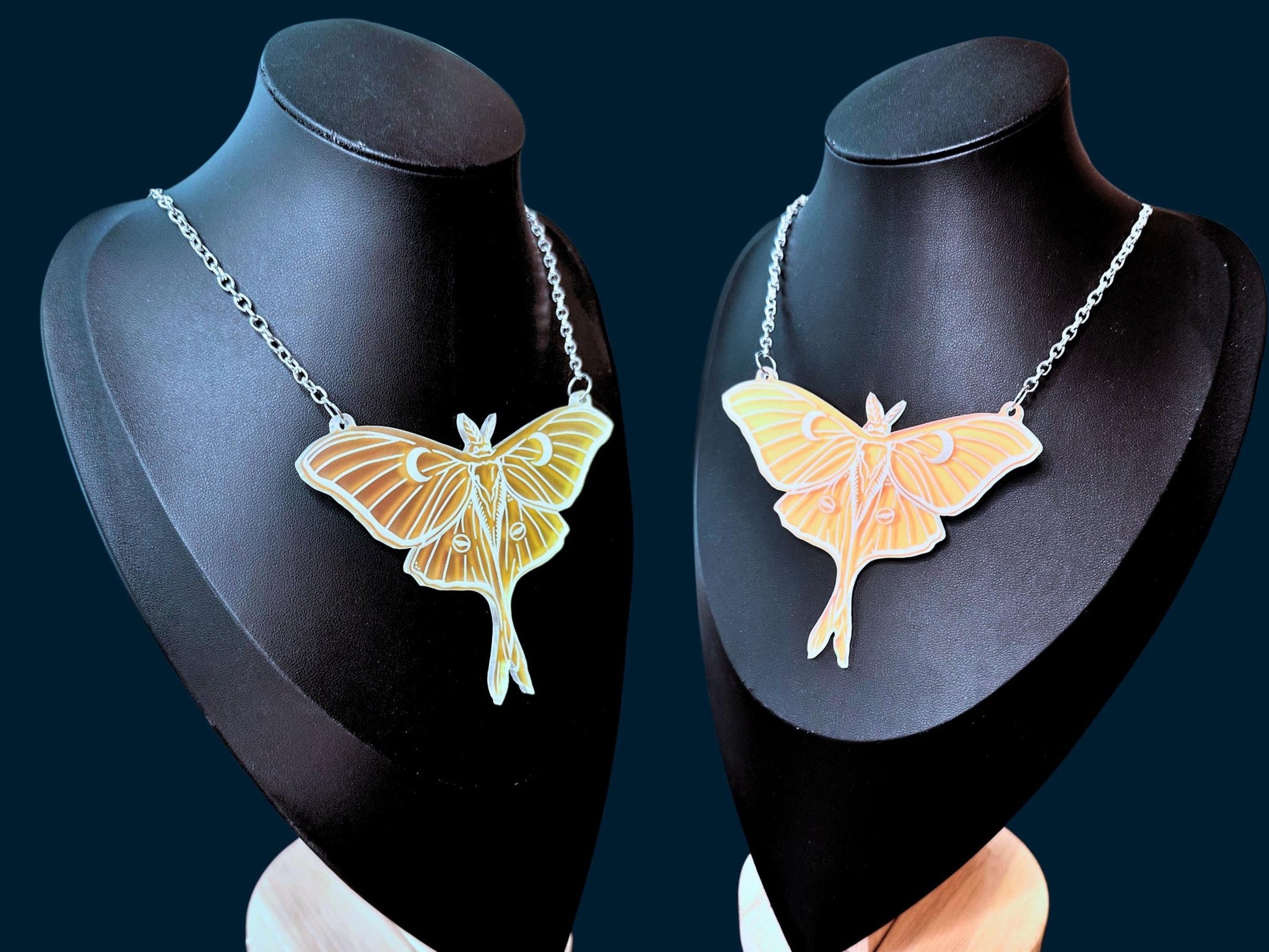 Luna Moth Necklace | Iridescent Acrylic Statement Bib Necklace With Celestial Glow - Painted Raina