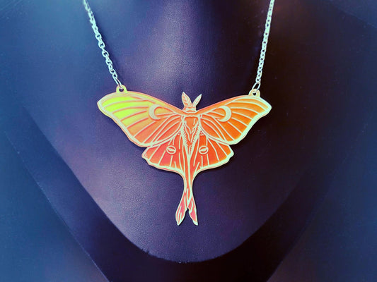 Luna Moth Necklace | Iridescent Acrylic Statement Bib Necklace With Celestial Glow - Painted Raina