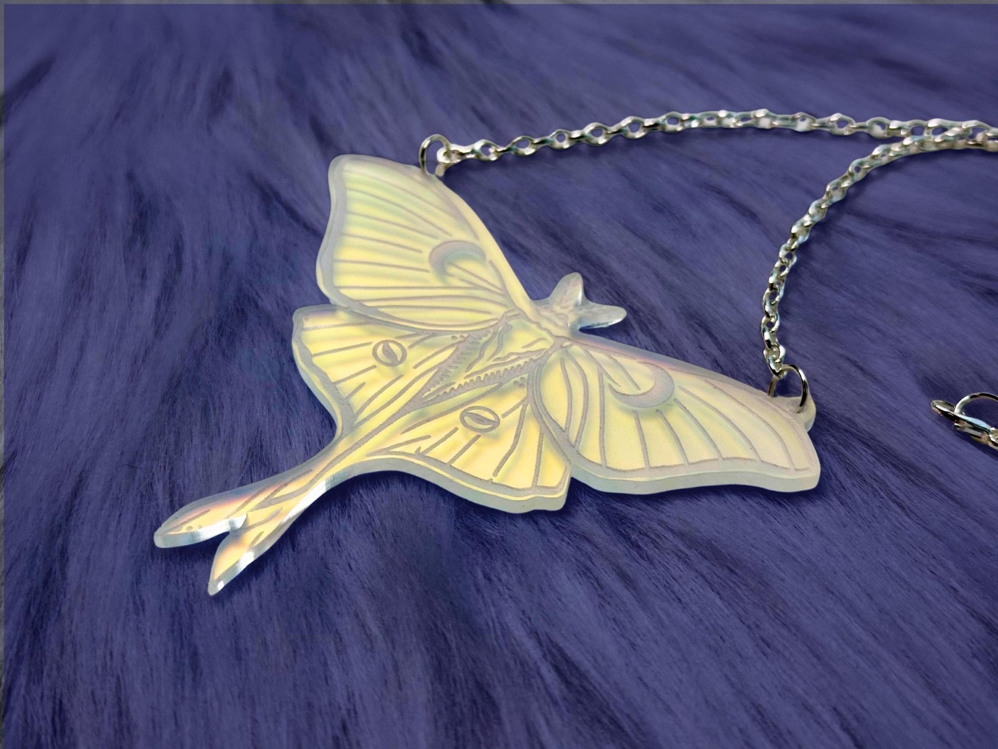 Luna Moth Necklace | Iridescent Acrylic Statement Bib Necklace With Celestial Glow - Painted Raina