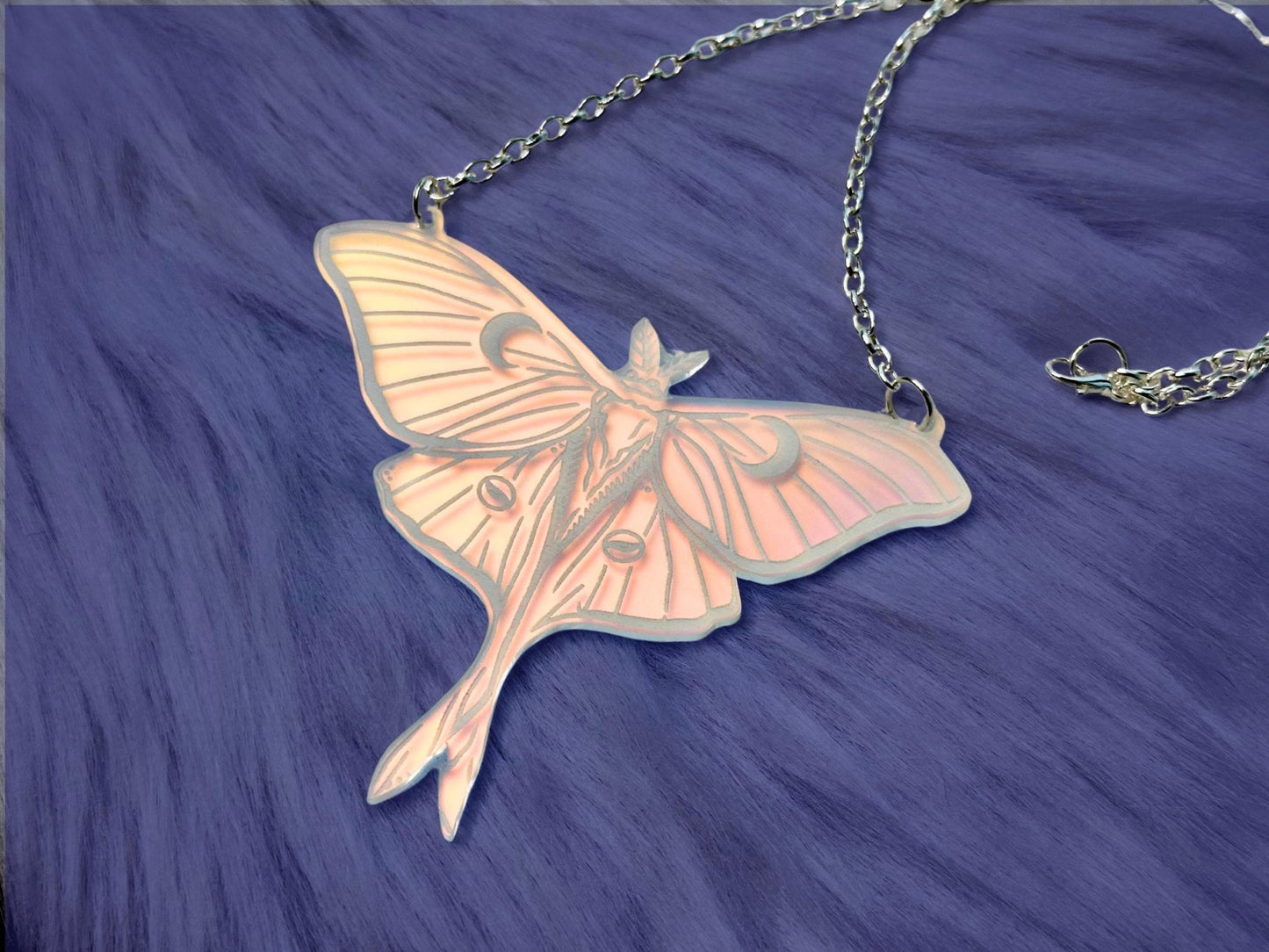 Luna Moth Necklace | Iridescent Acrylic Statement Bib Necklace With Celestial Glow - Painted Raina