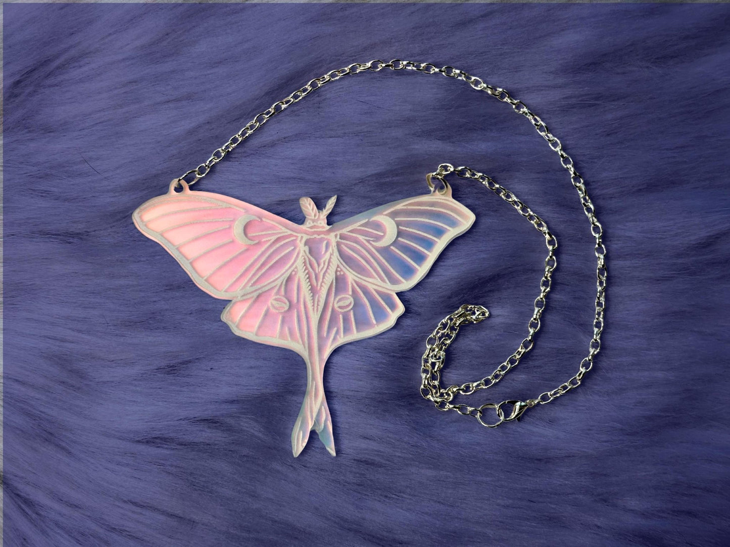 Luna Moth Necklace | Iridescent Acrylic Statement Bib Necklace With Celestial Glow - Painted Raina