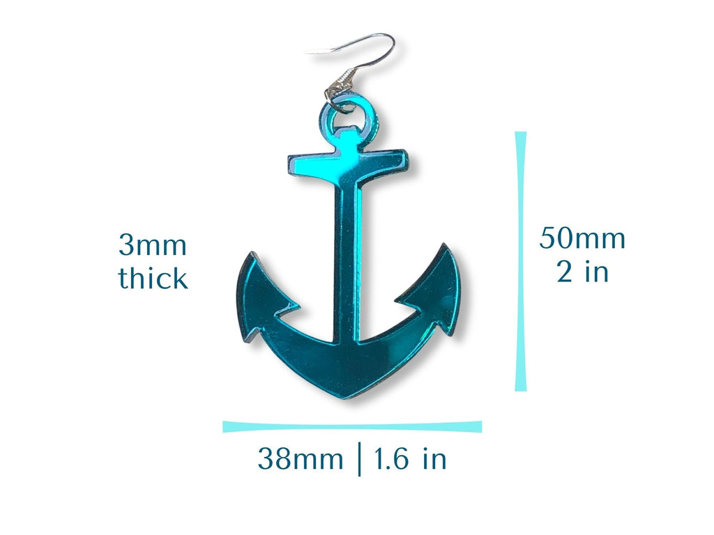 Size chart for mirror acrylic anchor earrings showing 2-inch length