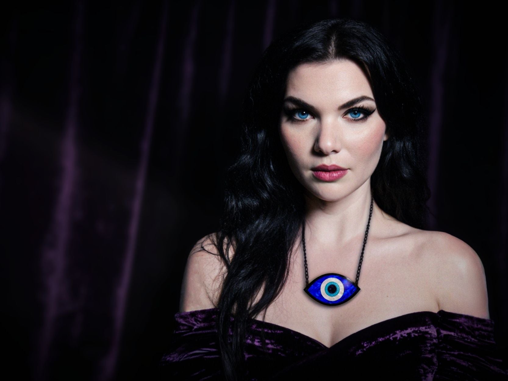 evil eye jewelry set necklace worn on model bold layered acrylic talisman styling statement look