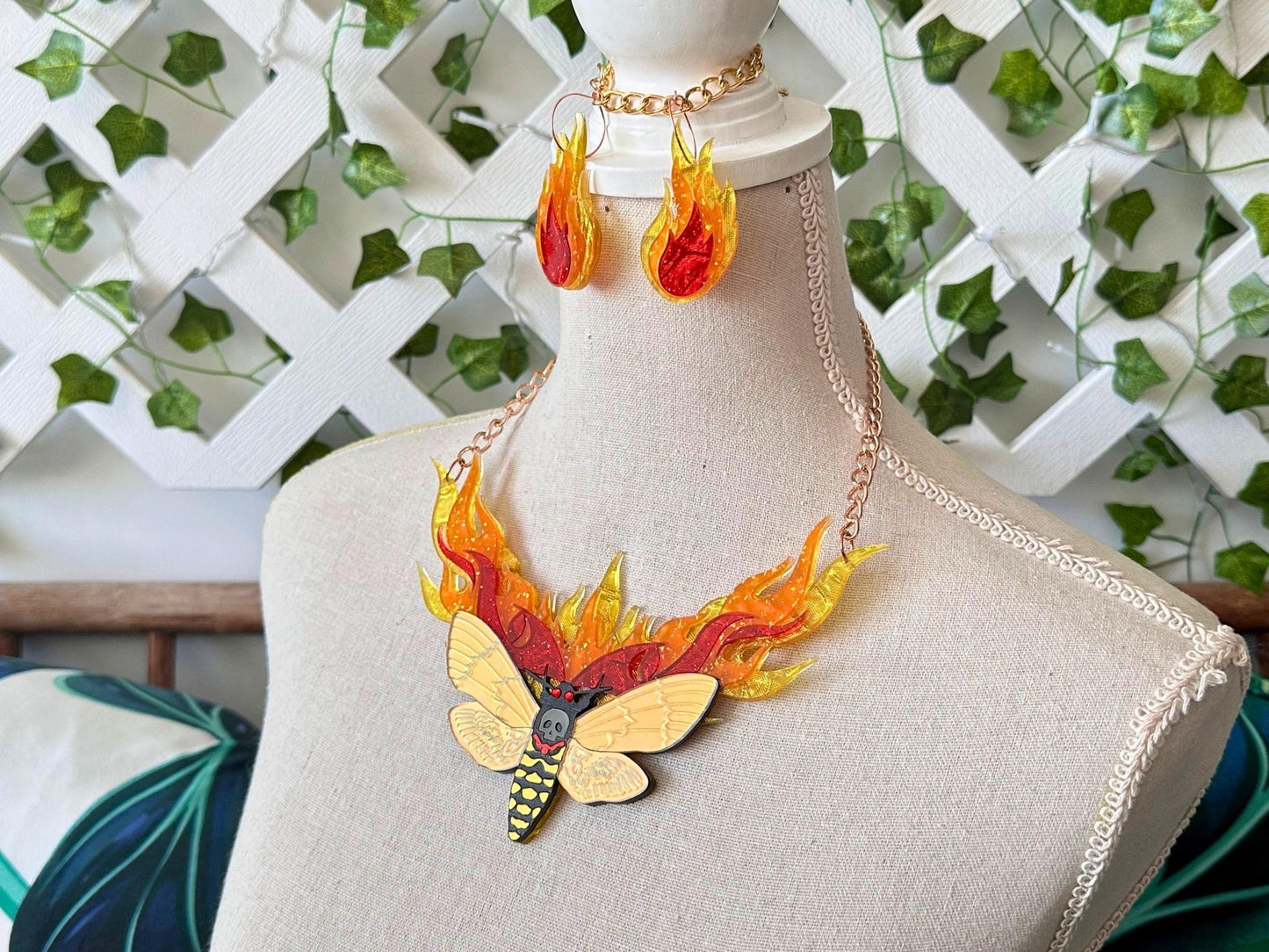 Moth to Flame Necklace | Handmade Statement Jewelry with Skull Moth & Flame Earrings Set - Painted Raina
