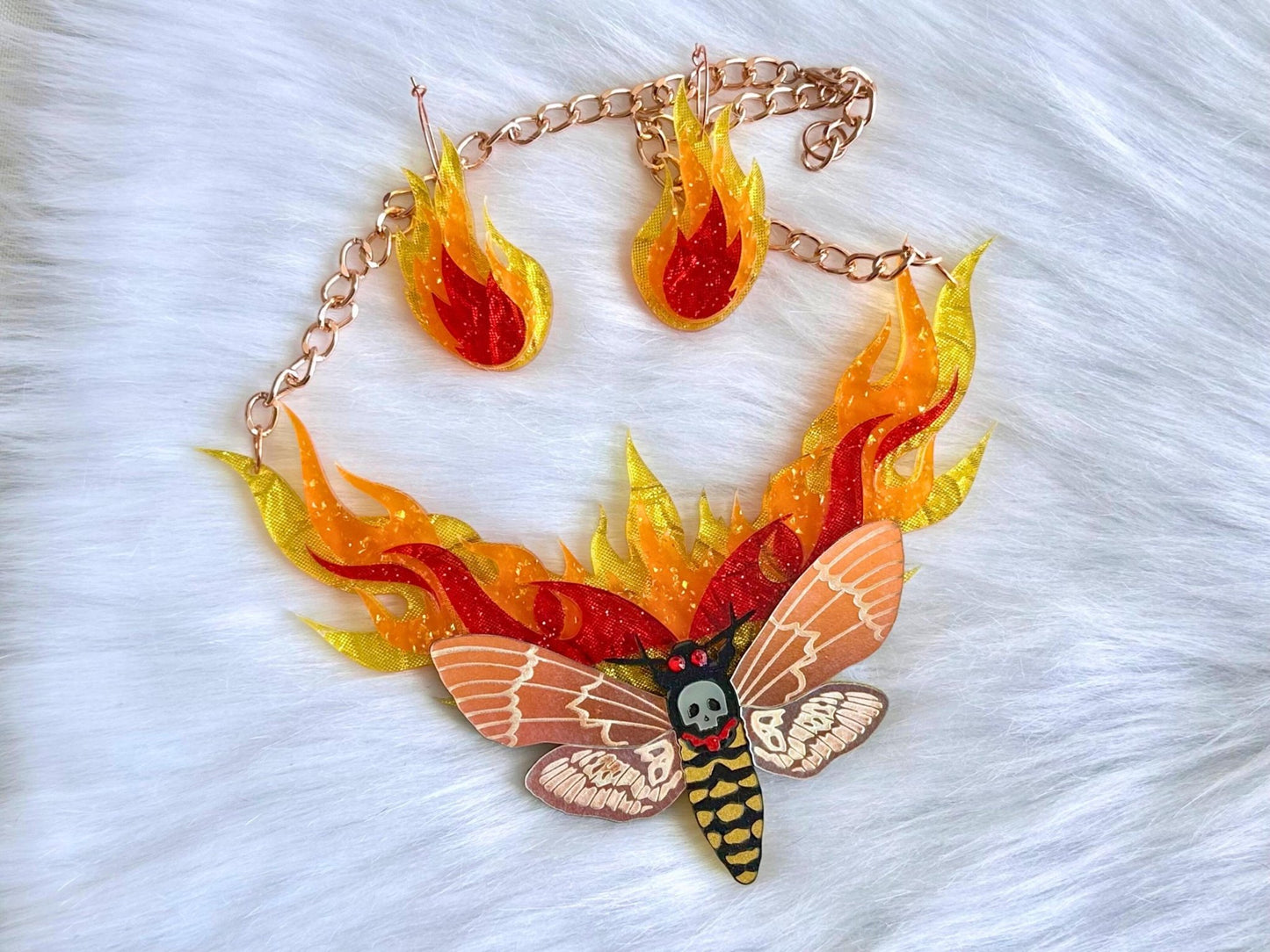 Moth to Flame Necklace | Handmade Statement Jewelry with Skull Moth & Flame Earrings Set - Painted Raina