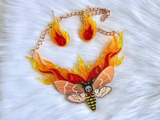 Moth to Flame Necklace | Handmade Statement Jewelry with Skull Moth & Flame Earrings Set - Painted Raina