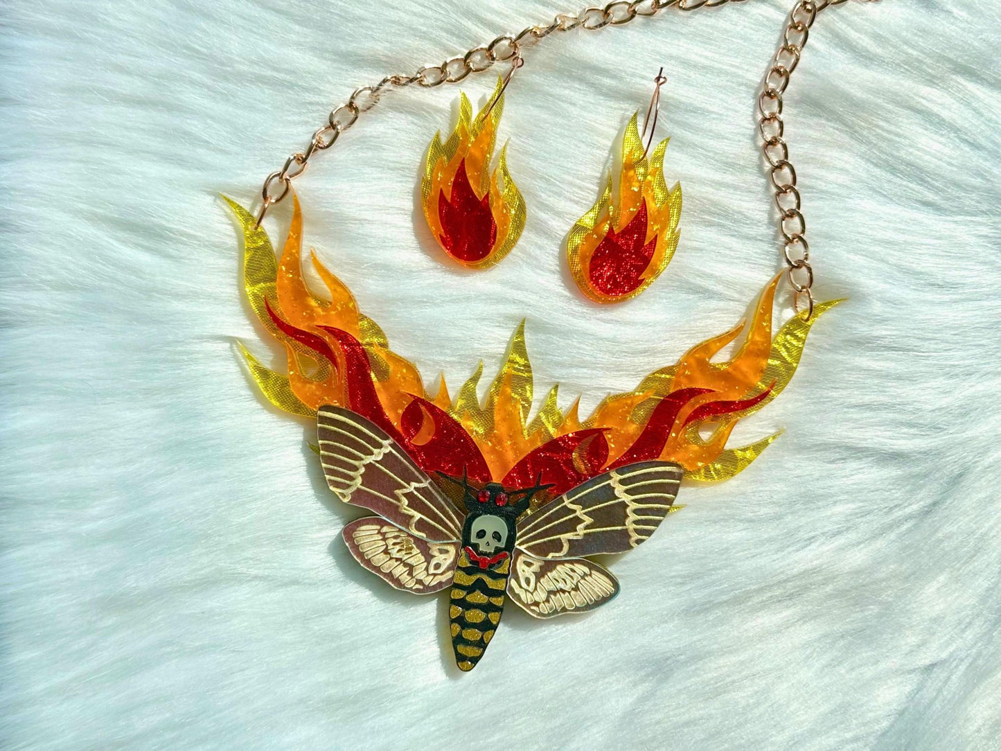 Moth to Flame Necklace | Handmade Statement Jewelry with Skull Moth & Flame Earrings Set - Painted Raina