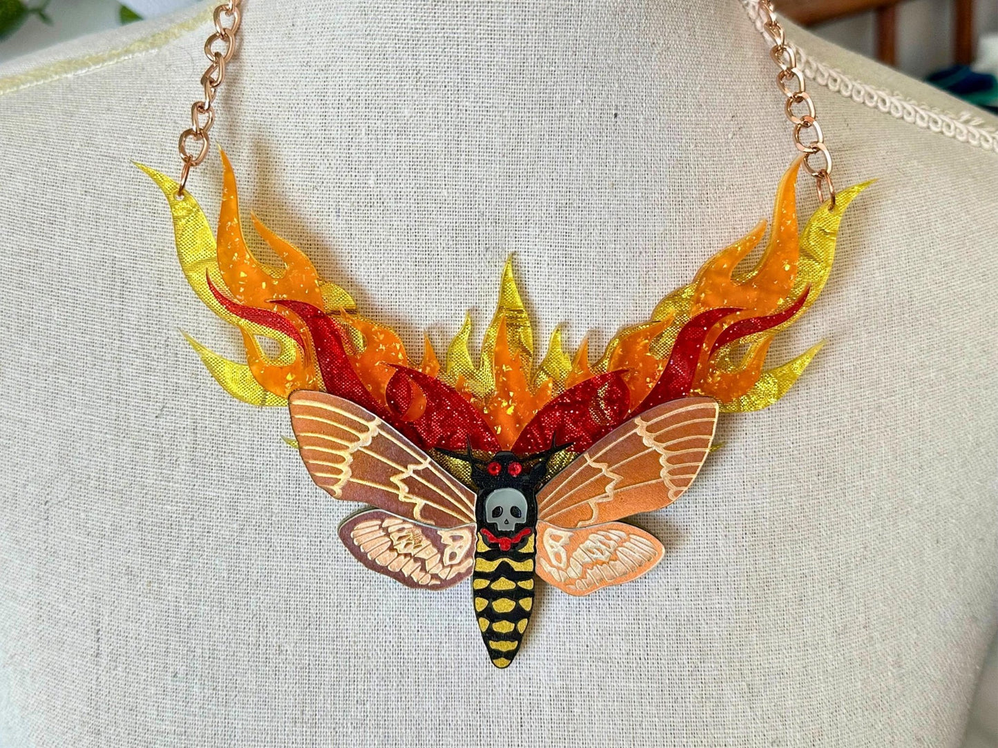 Moth to Flame Necklace | Handmade Statement Jewelry with Skull Moth & Flame Earrings Set - Painted Raina