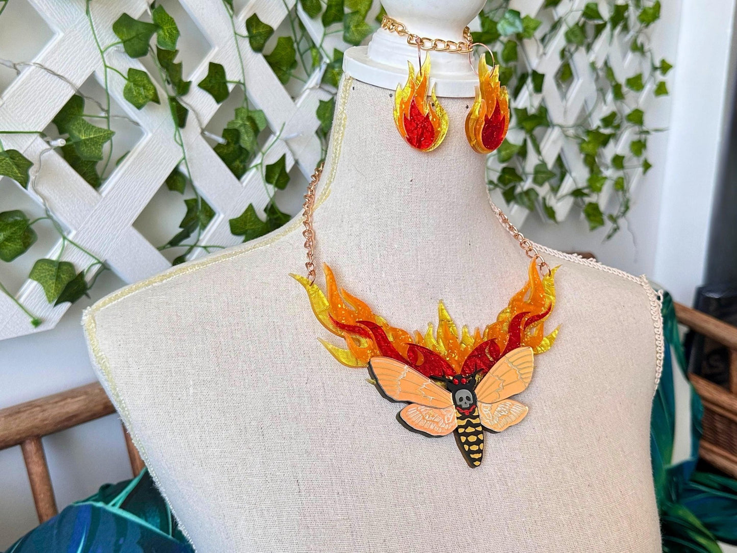 Moth to Flame Necklace | Handmade Statement Jewelry with Skull Moth & Flame Earrings Set - Painted Raina
